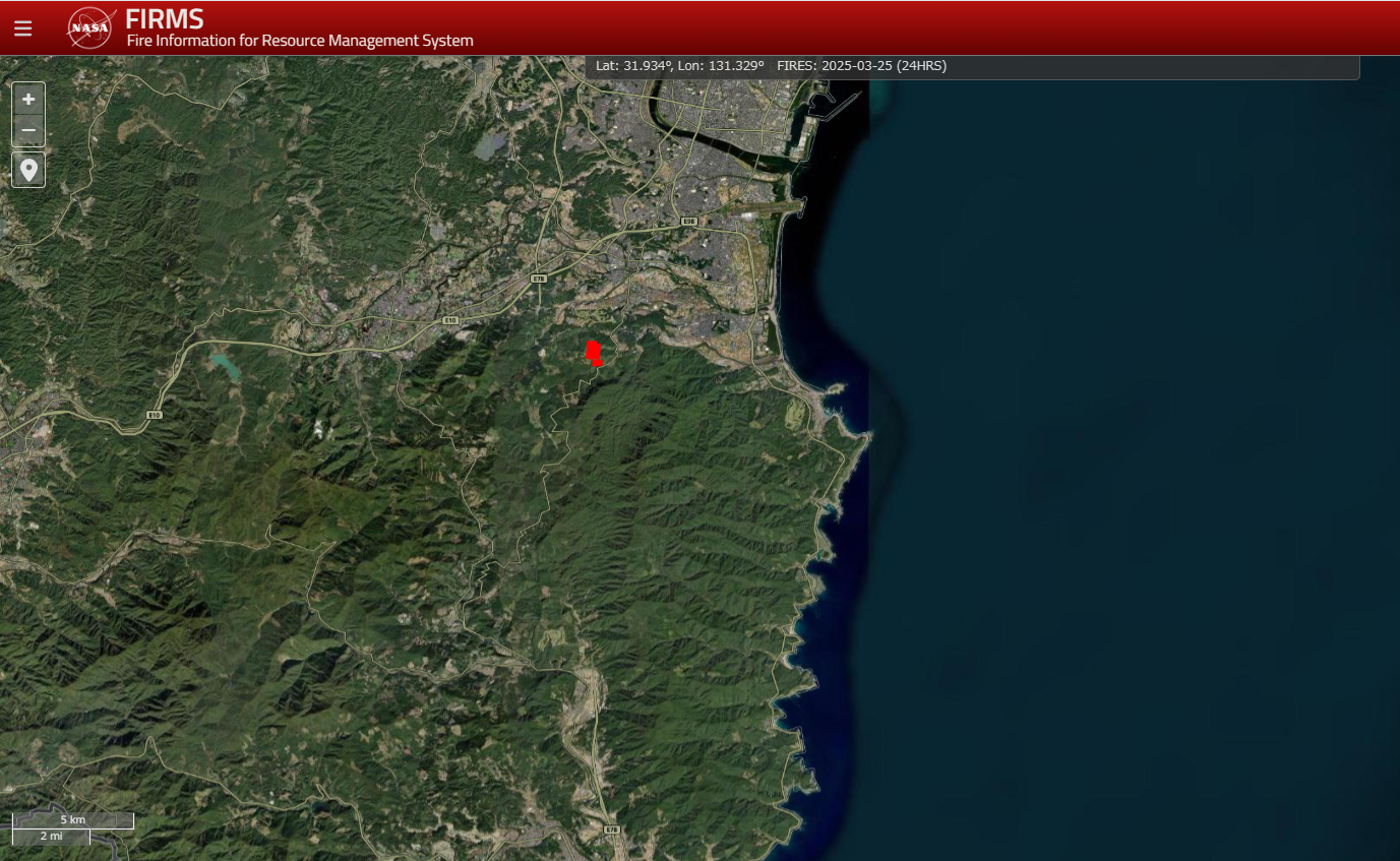 宮崎市で山林火災