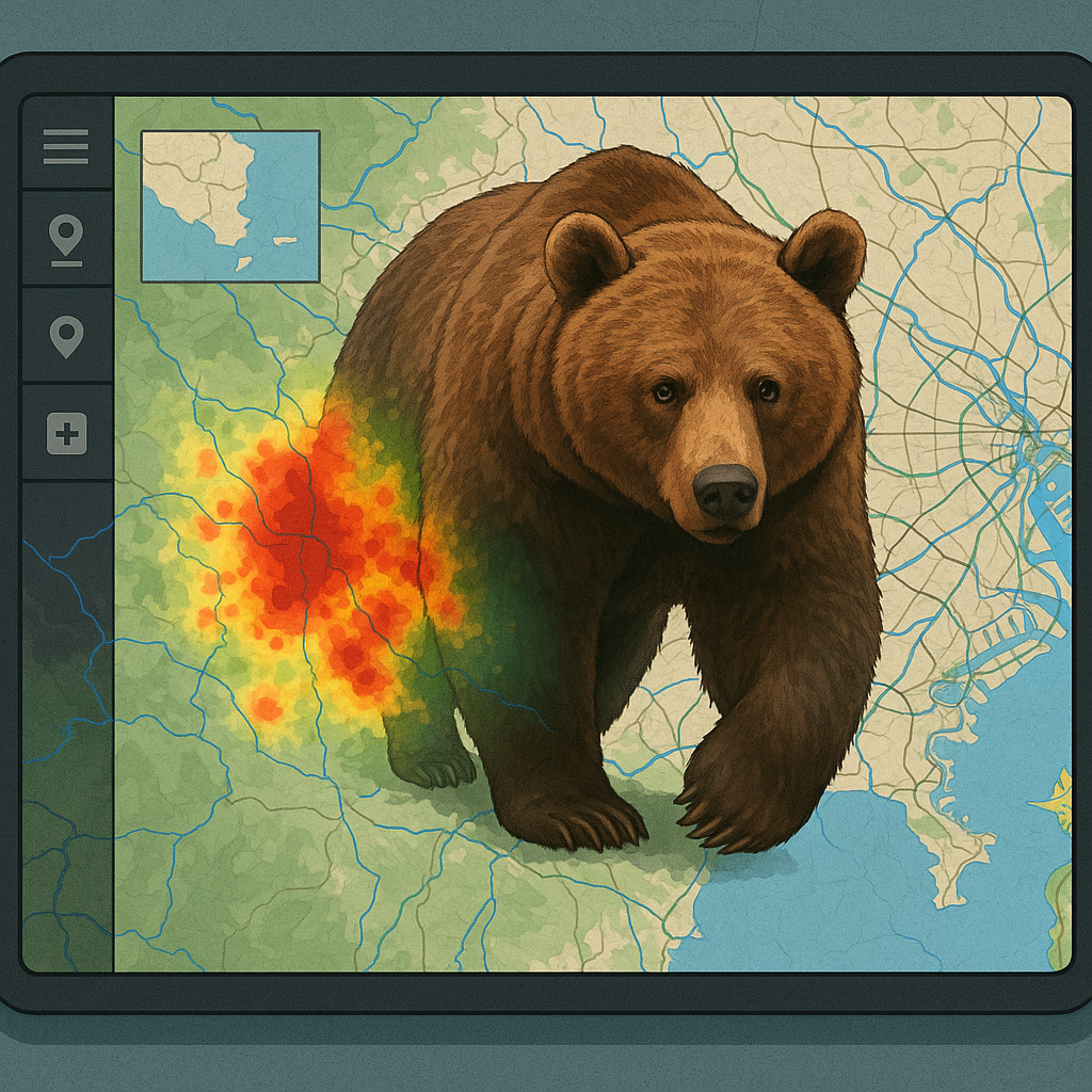 GIS地図上に出現する熊のイラスト。出没傾向を示すヒートマップが描かれている。