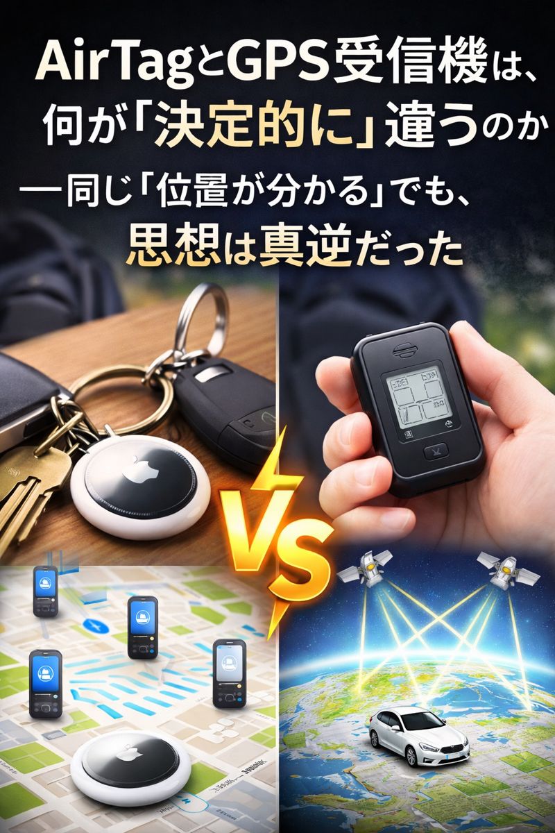 AirTagとGPS受信機の仕組みの違いを視覚的に比較したアイキャッチ画像