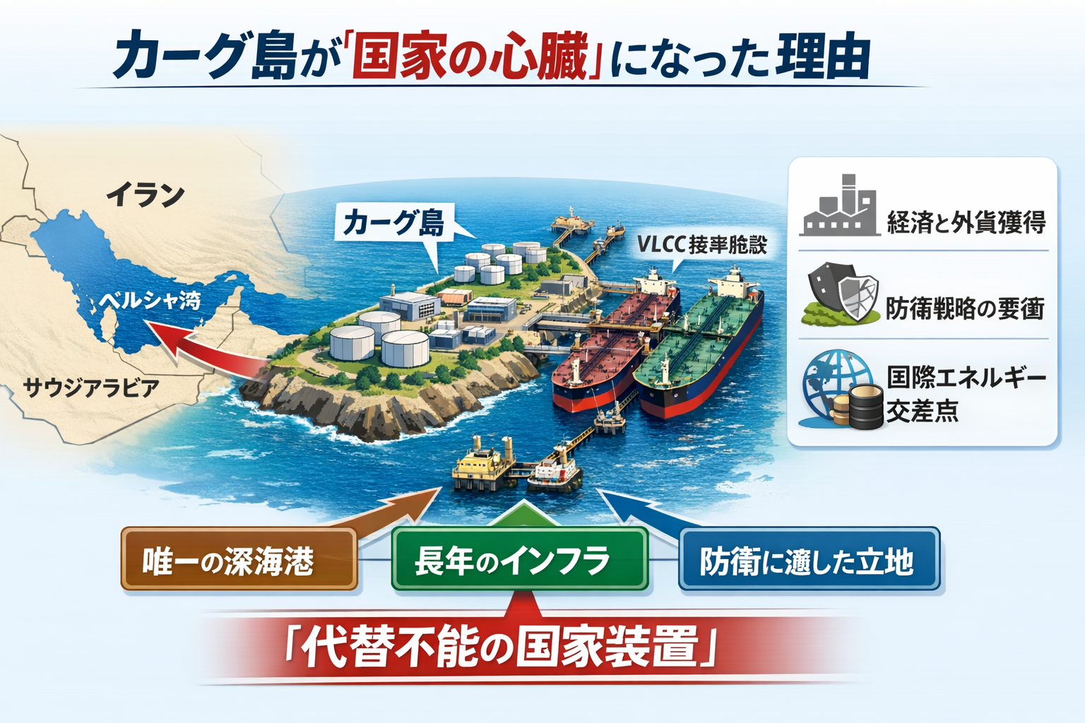 カーグ島が国家の心臓となった理由を示す概念図。ペルシャ湾の位置関係と石油輸出基地・深水港・防衛拠点としての重要性を示したイメージ図。