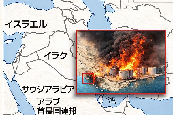 イラン南部ペルシャ湾沿岸の巨大天然ガス施設攻撃を示す中東位置図