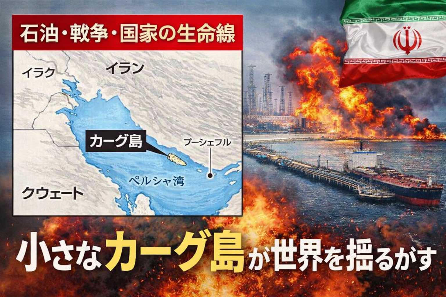 中東のペルシャ湾に位置するカーグ島の地図と石油施設のイメージを組み合わせた解説用ビジュアル