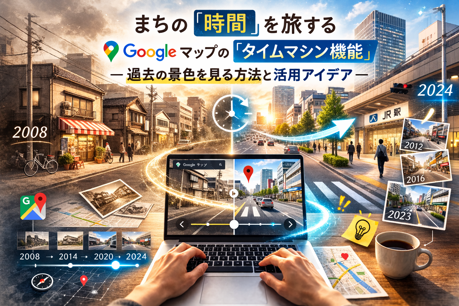 Googleマップのタイムマシン機能で過去と現在の街並みを比較するイメージ画像