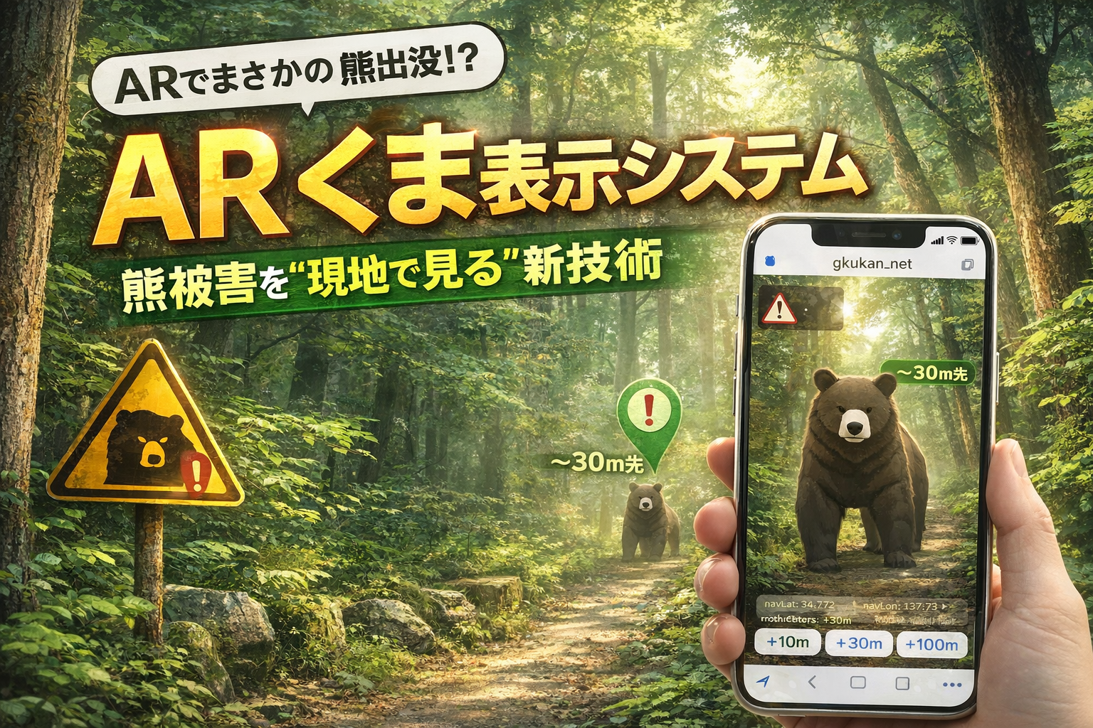 森林の中でスマートフォン越しに約30m先の熊をAR表示しているイメージ。熊出没リスクを現地で可視化するARくま表示システムのビジュアル。
